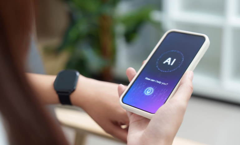 Woman holding devise showing AI